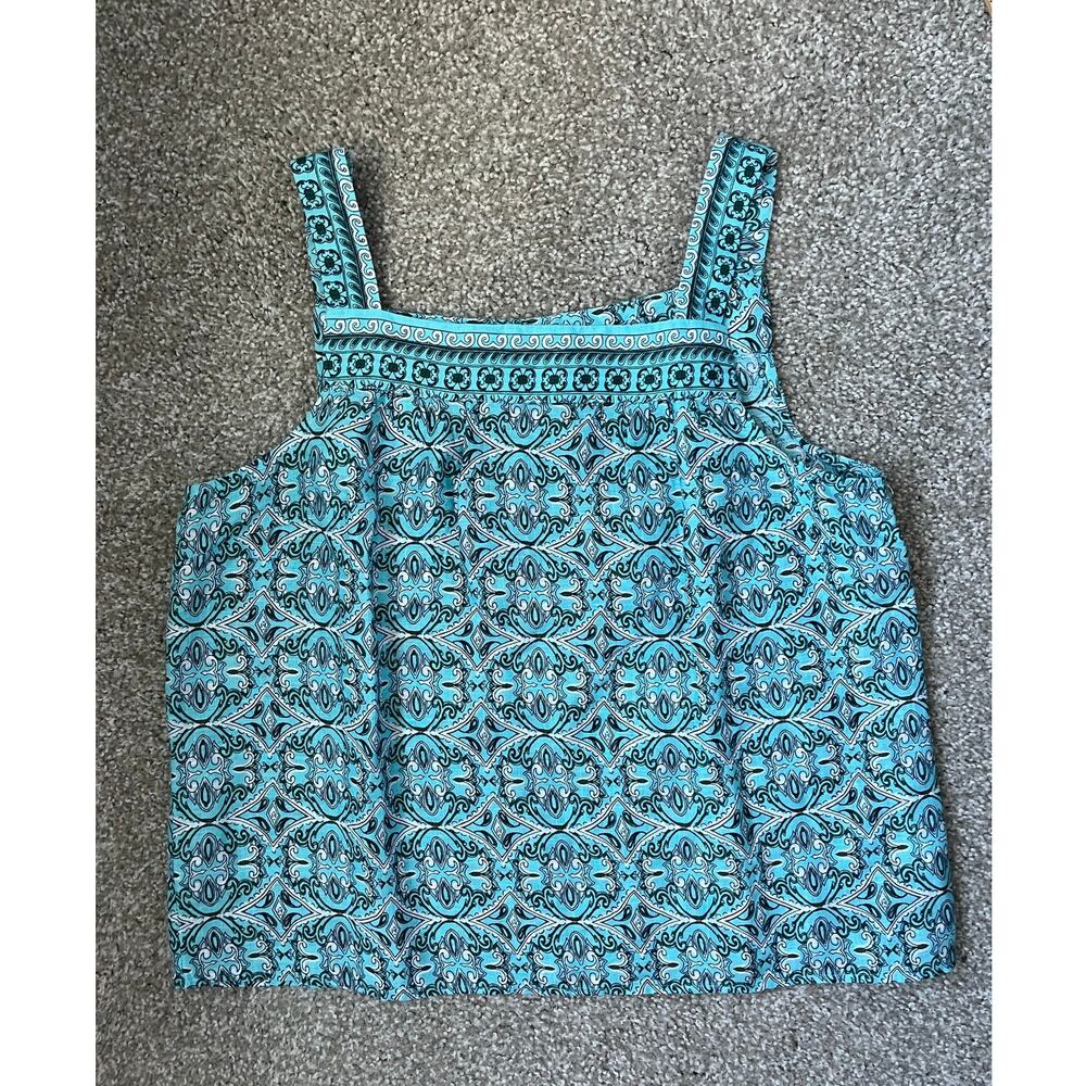 Talbots Linen Square Neck Top Sleeveless Blue Boho Beachy Coastal Large Petite